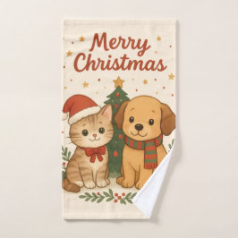 Toalha De Mão Alegria de Natal de Cachorrinho e Gatito