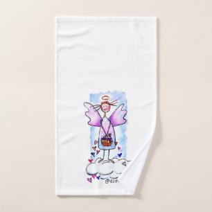 Toalha De Mão Anjo Roxo na Nuvem Branca com Cesto de Corações