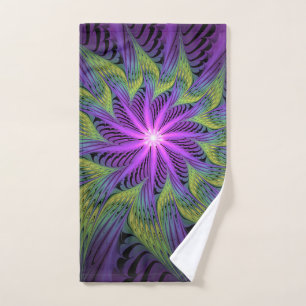 Toalha De Mão Arte abstrata fractal moderna flor verde roxa