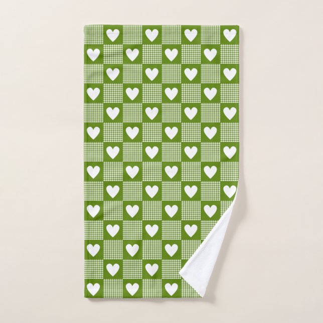 Toalha De Mão Avocado Green Gingham Heart Patch Plaid Towel (Toalha de mão)