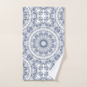 Toalha De Mão Azul Desbotado Mandala Floral Branca
