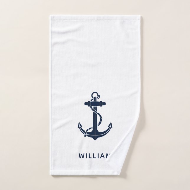 Toalha De Mão Boat Anchor Nautical Navy Blue Personalized (Toalha de mão)