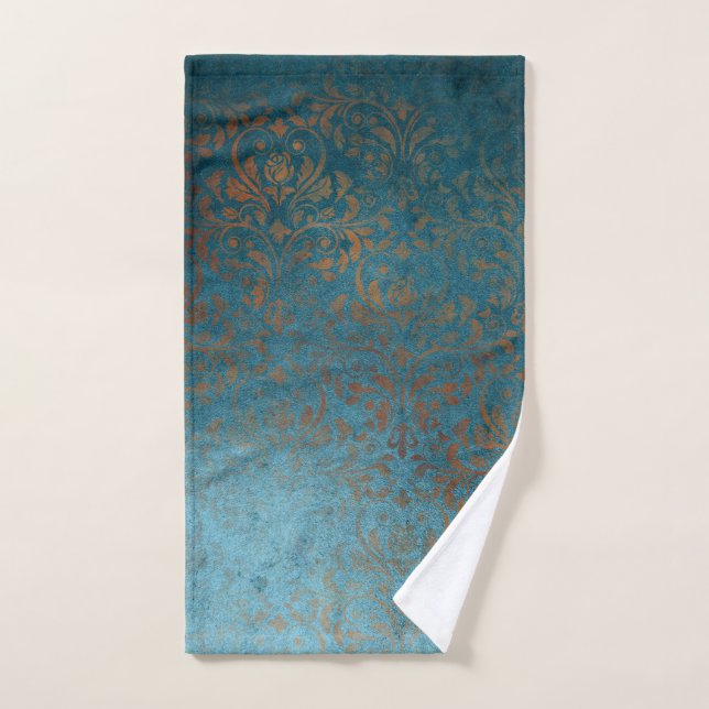 Toalha De Mão Boho Copper Blue Damask Grunge (Toalha de mão)