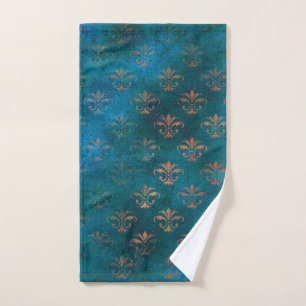 Toalha De Mão Boho Copper Blue Grunge Heraldic Floral
