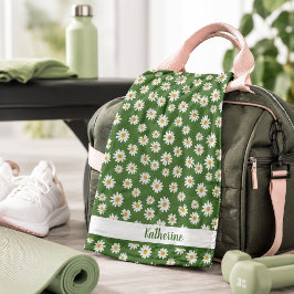 Toalha De Mão Boho Daisy Padrão Floral Nome Verde Esportes