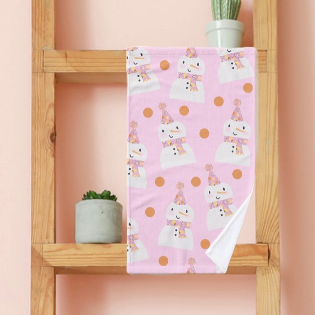 Toalha De Mão Bonita Bolinhas de Natal Rosa Snowman (Criador carregado)