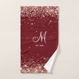 Toalha De Mão Burgundy e Dourado Rosa Glitter Monograma da Famíl