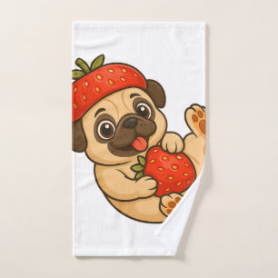 Toalha De Mão Cachorro pug fofo com morangos desenho animado doc