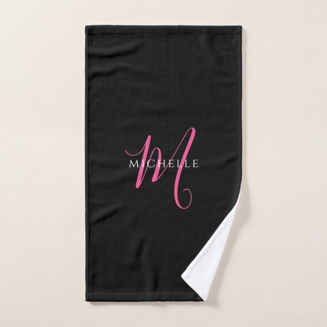 Toalha De Mão Calligraphy Script Monogram Name Black and Pink (Toalha de mão)