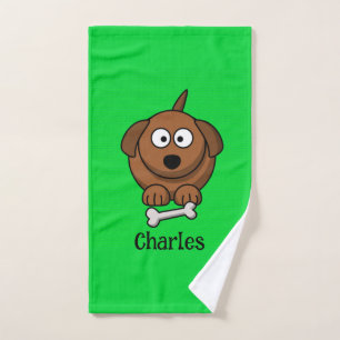 Toalha De Mão Cão-marrom com osso personalizado em verde