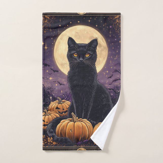 Toalha De Mão Cartão tarô temido do Halloween com gato preto (Toalha de mão)