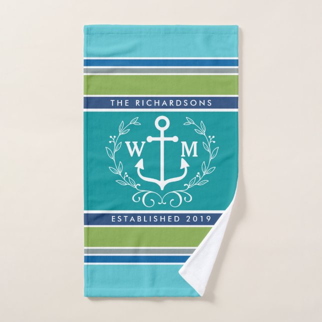 Toalha De Mão Casamento Monograma Anchor Laurel Wreath Aqua Stri (Toalha de mão)