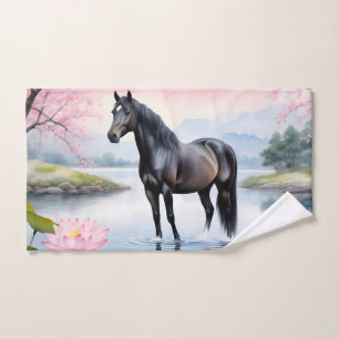 Toalha De Mão Cavalo majestoso e beleza do lótus