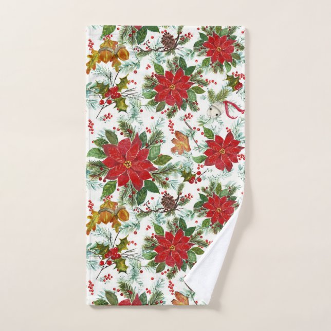 Toalha De Mão Christmas Poinsettias Bells Acorns Pine Cones (Toalha de mão)