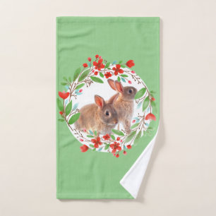 Toalha De Mão Coelhos de Estilo Primavera e Coroa Floral Vermelh