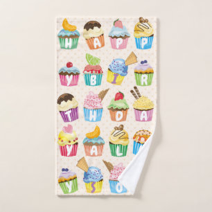 Toalha De Mão Cupcakes Feliz Aniversário Adicione Seu Nome Good