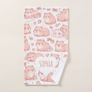 Toalha De Mão Custom Name Cute Pastel Capybara Bow Girls