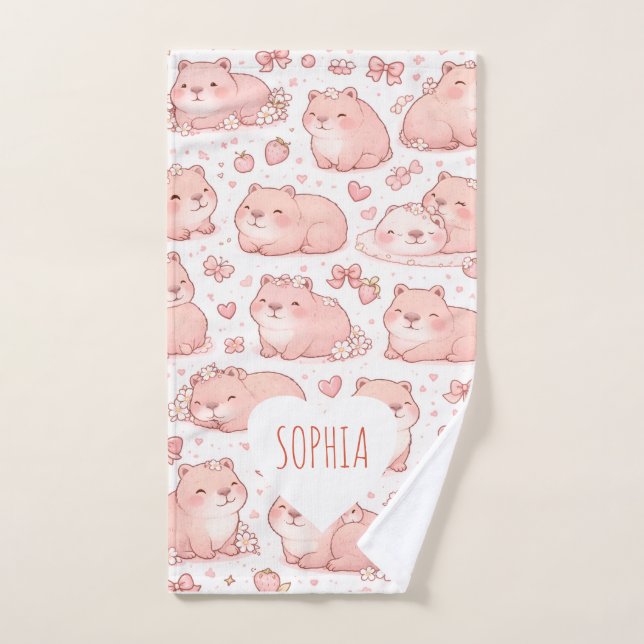 Toalha De Mão Custom Name Cute Pastel Capybara Bow Girls (Toalha de mão)
