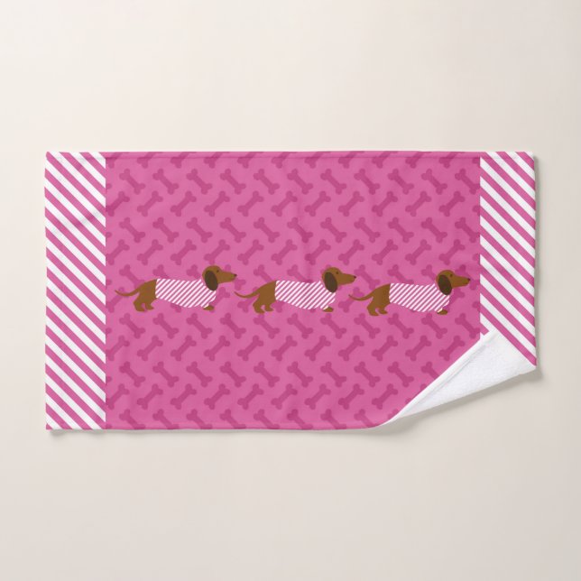 Toalha de mão de Dachshund rosa e branca (Toalha de mão)