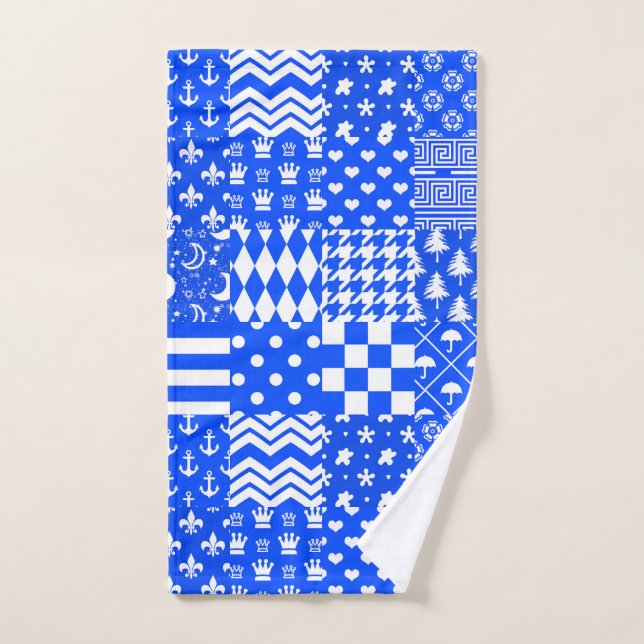 Toalha De Mão Design de Correção de Padrões Mistos Branco Azul (Toalha de mão)