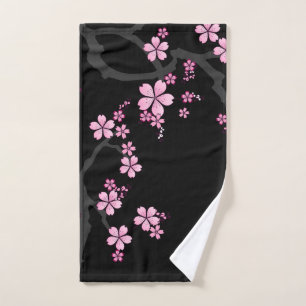 Toalha De Mão Design japonês Black Pink Sakura: