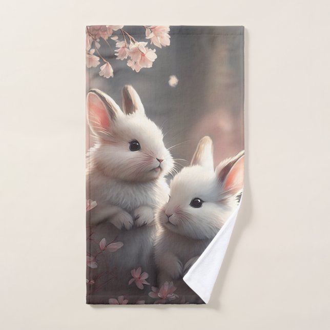Toalha De Mão Dois coelhos bonitos com a Torre Mão de Sakura (Toalha de mão)