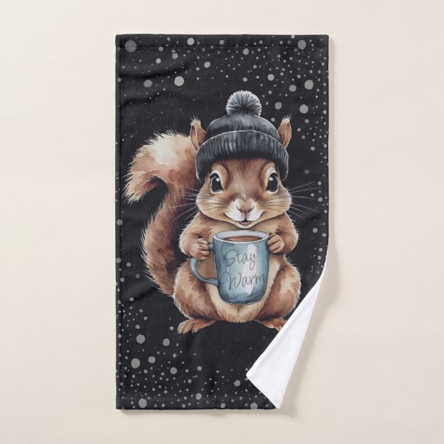 Toalha De Mão Eichhörnchen mit Tasse und Schnee „Stay Warm“ (Toalha de mão)