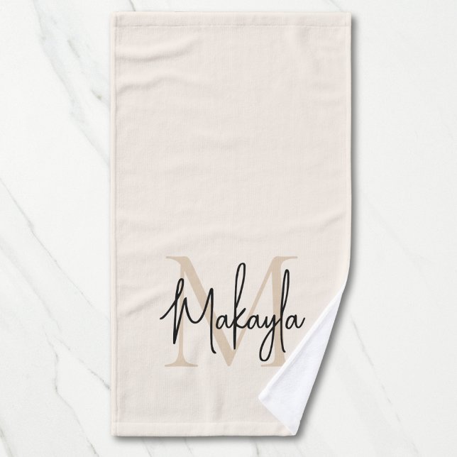 Toalha De Mão Elegant Simple Monogram Script Name Beige (Criador carregado)