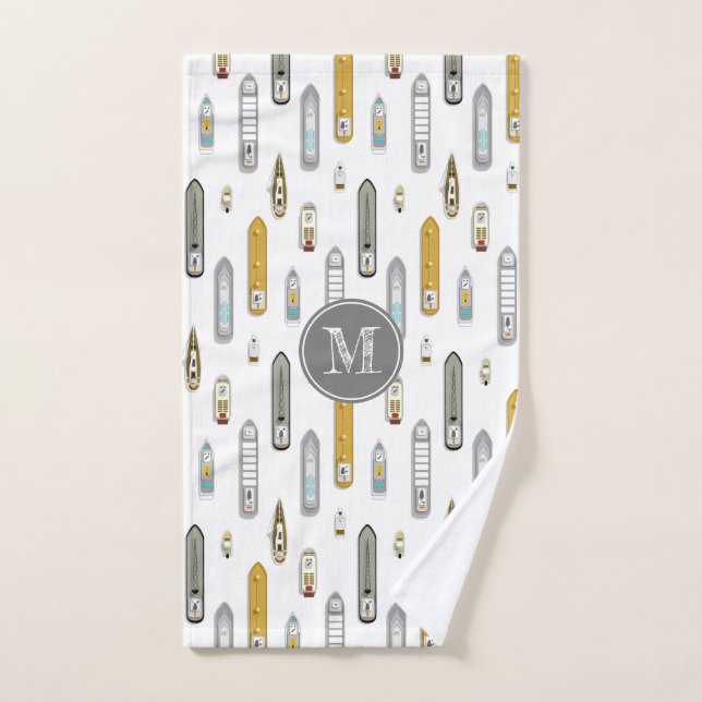 Toalha De Mão Embarcações náuticas No rio, monograma branco (Toalha de mão)