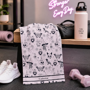 Toalha De Mão Esportes com Nome Personalizado em Padrão Rosa Whi