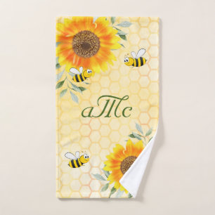 Toalha De Mão Feliz monograma de casal de girassol amarelo