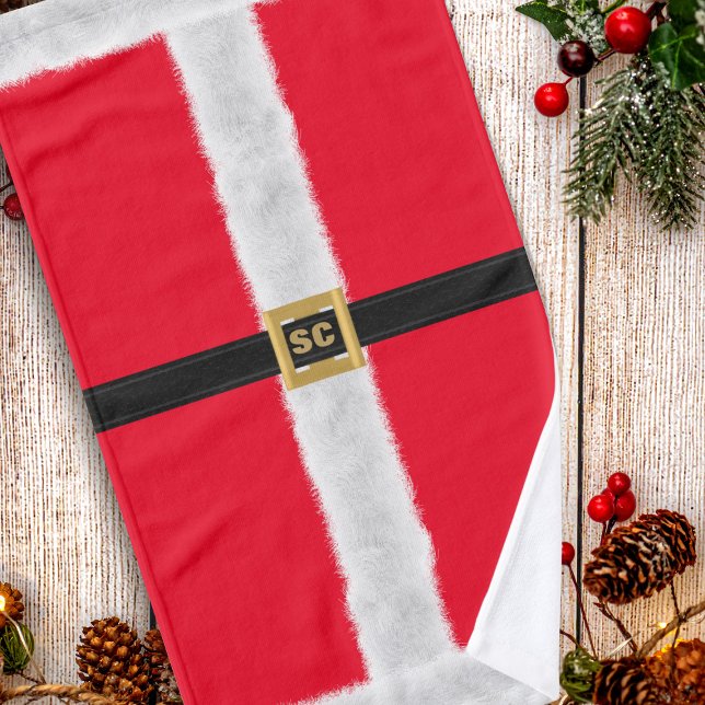Toalha De Mão Feriado de Natal do Red Santa Claus Suit Monograma (A red and white Santa suit inspired hand towel with space for your initials)