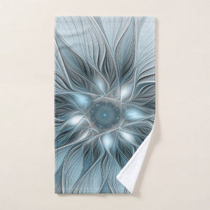 Toalha De Mão Flor Abstrata Alegre Azul Cinza Fractal Floral