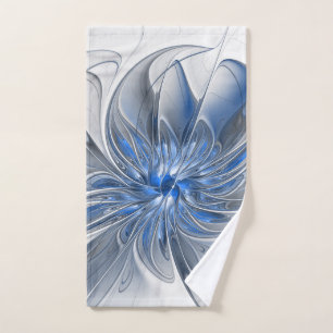 Toalha De Mão Flor de Arte Fracionada com Cinza Azul abstrato