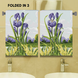 Toalha De Mão Flor Íris Roxo + Arte Botânica Verde