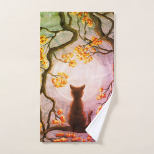 Toalha De Mão Gato lunático na arte da pintura da Lua cheia da