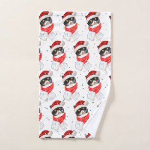 Toalha De Mão Gato Tricolor de Natal Aquarela com Cachecol