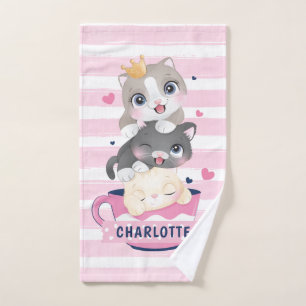 Toalha De Mão Gatos de Cartoon Cachorros Rosa Rasgados