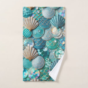 Toalha De Mão Glittery Teal Mermaid Tail Scales Impressão
