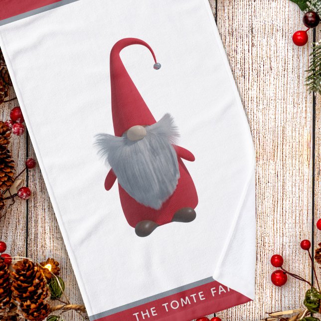 Toalha De Mão Gnomo de Natal bonito, vermelho e branco (A cute Christmas gnome with a hat on his head. Just add your name to the stripe that is red)