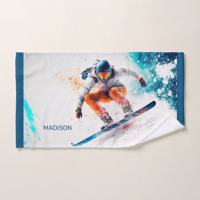 Toalha De Mão Ilustração de Snowboarder de Nome Personalizado (Toalha de mão)