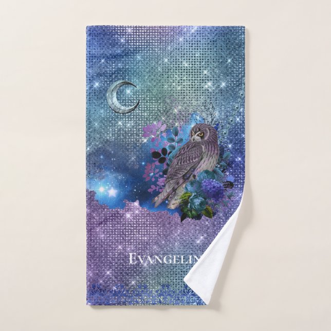Toalha De Mão Lua de Coruja Roxa Boho Azul (Toalha de mão)