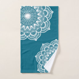 Toalha De Mão Mandala Branco em Fundo Azul