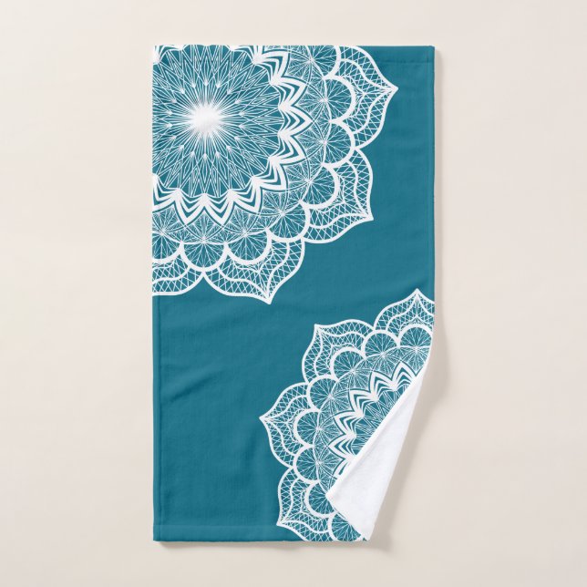 Toalha De Mão Mandala Branco em Fundo Azul (Toalha de mão)