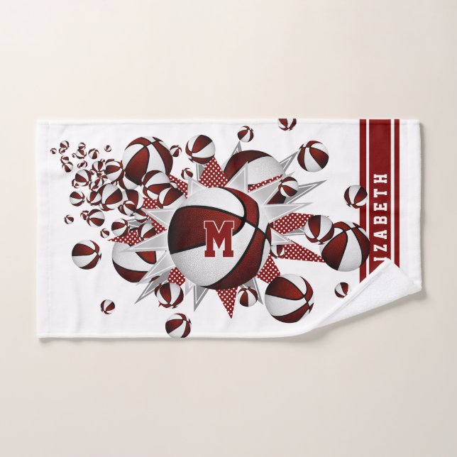 Toalha De Mão maroon basketbolas estrelas raparigas monograma (Toalha de mão)