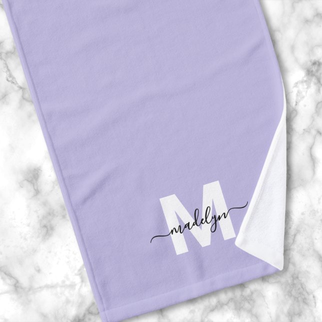 Toalha De Mão Monograma de Nome de Script Puro (Purple Script Name Monogram Hand Towel )