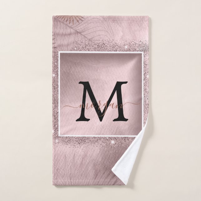 Toalha De Mão Monograma de Script Glitter Dourado rosa (Toalha de mão)