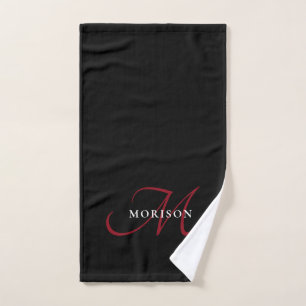 Toalha De Mão Monograma de Script Vermelho Preto Moderno Elegant