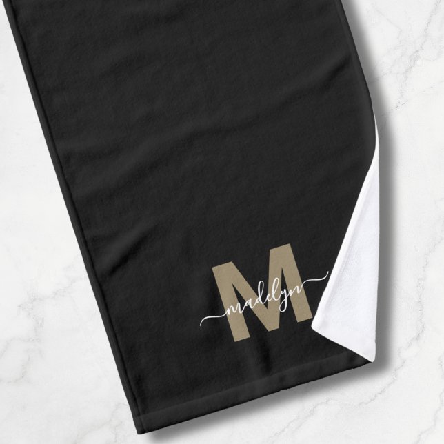 Toalha De Mão Monograma do Nome do Script Dourado Preto Elegante (Elegant Black Gold Script Name Monogram Hand Towel)