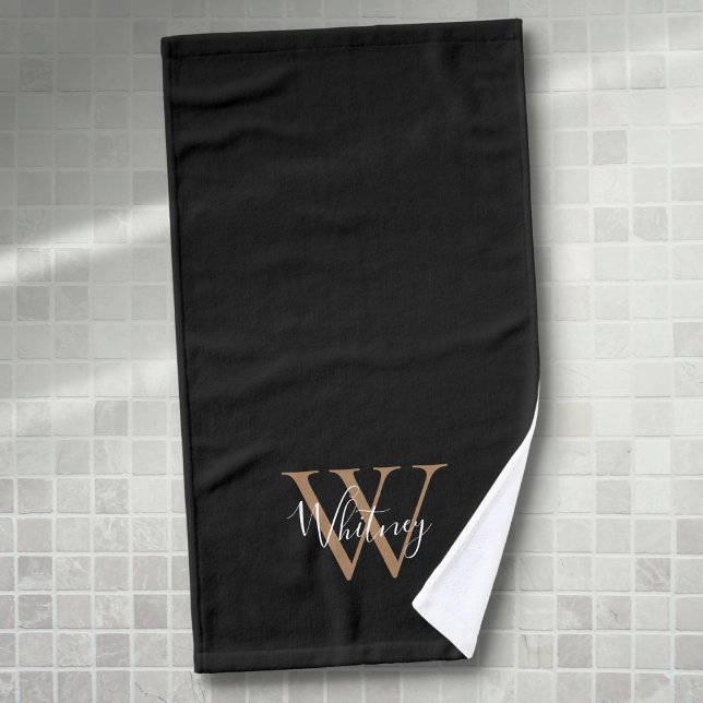 Toalha De Mão Monograma Moderno Preto Dourado Nome em Grafia Ele (Modern Black Gold Monogram Elegant Script Name Hand Towel)